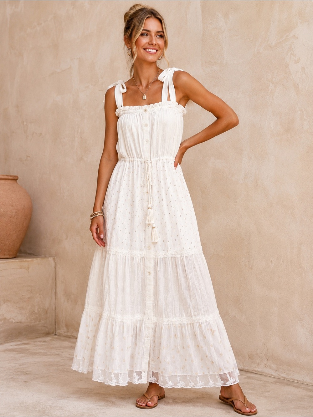 Blue Island White Boho Coastal Cotton Maxi Dress Gold Metallic Lace Small